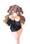  1girl alternate_costume anya_melfissa bare_shoulders black_sweater blonde_hair blunt_bangs brown_hair commentary double-parted_bangs hands_up highres hololive hololive_indonesia long_hair looking_at_viewer multicolored_hair no_pants off-shoulder_sweater off_shoulder purple_eyes sansha_art simple_background sleeves_past_wrists solo streaked_hair sweater thick_eyebrows thigh_gap two_side_up very_long_hair virtual_youtuber wavy_hair white_background 