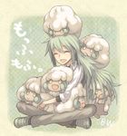  blush crossed_legs erufuun green_hair horns legs_crossed long_hair male male_focus n_(pokemon) open_mouth pokemon pokemon_(game) pokemon_black_and_white pokemon_bw ponytail sitting whimsicott yellow_eyes 