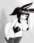  4_fingers anthro big_breasts big_butt black_hair breasts butt cleavage clothed clothing corset eyelashes female fingers fluffy fluffy_tail fur gradient_background grey_background hair lagomorph lingerie looking_at_viewer mammal pink_nose rabbit red_eyes simple_background solo thick_thighs tonytoran undressing voluptuous white_fur wide_hips 