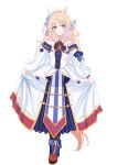  1girl absurdres animal_ears ascot bare_shoulders black_pantyhose blonde_hair blue_boots blue_eyes blush boots breasts commentary_request detached_sleeves dress ear_covers full_body gloves hair_between_eyes hat highres holding_own_dress horse_ears horse_girl kaze_ju long_hair looking_at_viewer open_mouth pantyhose red_ascot simple_background single_ear_cover smile solo umamusume victoire_pisa_(lueur_angelique)_(umamusume) victoire_pisa_(umamusume) white_background white_dress white_gloves 