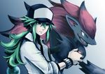  bad_id bad_pixiv_id blue_eyes gen_5_pokemon green_eyes green_hair hat long_hair male_focus moggy-cat n_(pokemon) poke_ball pokemon pokemon_(creature) pokemon_(game) pokemon_bw simple_background zoroark 