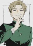  1boy blonde_hair blue_eyes buttons chi.:_chikyuu_no_undou_ni_tsuite closed_mouth green_jacket jacket kadeart male_focus rafal_(chi.) short_hair sideburns simple_background solo upper_body white_background 