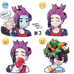  2boys clenched_teeth closed_eyes collarbone commentary_request crossed_bangs drayton_(pokemon) emoji food gloves hairband hand_up highres icicle jacket kieran_(pokemon) loose_hair_strand male_focus mask mask_on_head meeee_hitsuji mole mole_on_neck multiple_boys open_mouth partially_fingerless_gloves pokemon pokemon_scarlet_and_violet purple_hair red_gloves red_shirt shaved_ice shirt speech_bubble teeth tongue translation_request white_background white_shirt yawning yellow_eyes yellow_hairband 