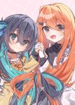  2girls a.i._voice absurdres adachi_rei alternate_hair_length_(longer) aqua_eyes aqua_hair black_hair bow-shaped_hair commentary hair_tied_together hamano_yui heart highres holding_hands interlocked_fingers long_hair long_sleeves looking_at_viewer miyamai_moca multiple_girls open_mouth orange_eyes orange_hair smile upper_body utau very_long_hair voicepeak 