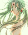  earrings facial_mark finn_fish forehead_mark green green_eyes green_hair highres jewelry kamikaze_kaitou_jeanne long_hair looking_at_viewer nude paranoitic-sr69 pointy_ears solo upper_body 