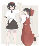  2girls absurdres black_skirt blush bow brown_eyes brown_hair closed_eyes closed_mouth collared_shirt commentary detached_sleeves facing_viewer flexing frilled_bow frilled_hair_tubes frilled_skirt frills hair_bow hair_tubes hakurei_reimu hat highres long_hair missing_wings multiple_girls open_mouth pointy_ears puffy_short_sleeves puffy_sleeves red_bow red_hat red_skirt ribbon-trimmed_shirt ribbon-trimmed_sleeves ribbon_trim shameimaru_aya shirt short_sleeves skirt skirt_set smile tktkhappymchyru tokin_hat touhou translation_request untranslatable_commentary white_shirt 