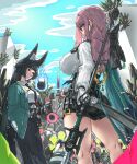  2girls absurdres animal_ear_fluff animal_ears aqua_jacket ass back black_gloves black_hair black_necktie black_skirt blue_sky breasts chili_con_carne_(ttge4327) closed_mouth cloud cloudy_sky day ethereal_(zenless_zone_zero) fingerless_gloves fox_ears fox_girl glasses gloves hair_between_eyes highres holding holding_sword holding_weapon hoshimi_miyabi jacket katana large_breasts long_hair looking_at_viewer monster multiple_girls necktie outdoors pink_eyes pink_hair red_eyes sheath shirt sidelocks single_fingerless_glove skirt sky sword tailless_(zenless_zone_zero) thighs tsukishiro_yanagi unsheathing weapon white_shirt zenless_zone_zero 