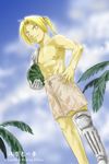  blonde_hair edward_elric food fruit fullmetal_alchemist hand_on_hip hips looking_at_viewer male male_focus mika muscle nature outdoors palm_tree ponytail prosthesis prosthetic_arm prosthetic_leg sky solo swimsuit tree trunks watermellon watermelon yellow_eyes 