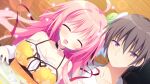  1boy 1girl :d ahoge bare_shoulders black_choker blush breasts brown_hair camisole choker cleavage closed_mouth collarbone game_asset hair_between_eyes haru_haru_(koikoko) harutoki_narumi koi_suru_kokoro_to_mahou_no_kotoba large_breasts long_hair looking_at_viewer lying non-web_source on_back on_floor open_mouth pink_hair self-datamine shiromochi_sakura short_hair smile spaghetti_strap upper_body variant_set visual_novel_cg wooden_floor yellow_camisole 