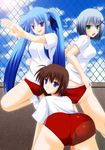  angry ass blue_eyes blue_hair blush brown_hair buruma from_behind green_eyes guatemala gym_uniform hair_ribbon long_hair lyrical_nanoha mahou_shoujo_lyrical_nanoha mahou_shoujo_lyrical_nanoha_a's mahou_shoujo_lyrical_nanoha_a's_portable:_the_battle_of_aces material-d material-l material-s multiple_girls open_mouth panties purple_eyes ribbon short_hair silver_hair smile striped striped_panties twintails underwear 