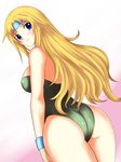  ass blonde_hair blue_eyes blush breasts celes_chere female final_fantasy final_fantasy_vi gradient gradient_background headband leotard long_hair looking_back masaki_(masa168) solo tatsuki_masaru white_background wristband 