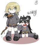  2girls absurdres aged_down ahoge aktmvltm black_hair blonde_hair bow commentary_request darture_(girls'_frontline_2) girls'_frontline girls'_frontline_2:_exilium hair_bun highres korean_commentary long_hair monocle moss multiple_girls panties sextans_(girls'_frontline_2) short_hair stick sweat underwear white_panties 