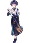  1boy absurdres adapted_costume anemo_symbol_(genshin_impact) arm_at_side belt belt_buckle black_hair black_pants black_shirt black_shoes black_sleeves blue_gem blue_sleeves blunt_ends breast_pocket buckle casual chain closed_mouth colored_inner_hair commentary_request contemporary covered_collarbone cup disposable_coffee_cup disposable_cup eyelashes eyeliner feathers fingernails full_body gem genshin_impact gold_buckle gold_chain gold_necklace gold_pendant hair_intakes hakama hakama_pants half-closed_eyes hand_up highres holding holding_cup japanese_clothes jewelry layered_sleeves long_sleeves looking_at_viewer makeup male_focus multicolored_hair munou_v necklace official_alternate_costume pants partially_unbuttoned pocket purple_belt purple_eyes purple_hair purple_rope red_eyeliner rope scaramouche_(genshin_impact) shirt shoes short_over_long_sleeves short_sleeves solo standing tassel turtleneck turtleneck_shirt vision_(genshin_impact) wanderer_(genshin_impact) wanderer_(impression)_(genshin_impact) white_sleeves wispy_bangs yellow_feathers 