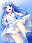  blue_eyes blue_hair dress from_below hat hinata_sora ikamusume long_hair pov shinryaku!_ikamusume solo tentacle_hair tentacles 