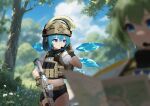  2girls absurdres ai-assisted ai-generated_background alternate_costume belt blue_eyes blue_hair blue_sky blurry brown_belt brown_gloves brown_helmet chinese_commentary cirno cloud combat_helmet commentary_request contemporary daiyousei day depth_of_field gloves green_hair gun hair_between_eyes headset helmet highres holding holding_gun holding_map holding_weapon ice ice_wings map medium_hair meiwei_doufu_gou midriff multiple_girls navel outdoors rifle sky tactical_clothes thighs touhou tree weapon weapon_request wings 