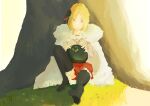  1girl 1other absurdres against_tree black_flower black_rose black_thighhighs blonde_hair coat commentary_request flower fur_coat grass guratanchikin heaven_burns_red highres looking_at_animal minase_ichigo miniskirt narby_(heaven_burns_red) on_ground open_clothes open_coat purple_eyes red_skirt rose sailor short_hair skirt thighhighs tree 