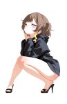  1girl anya_melfissa black_hoodie blonde_streaks brown_hair closed_mouth commentary high_heels highres hololive hololive_indonesia hood hoodie light_smile looking_at_viewer multicolored_hair purple_eyes sansha_art solo squatting streaked_hair virtual_youtuber 