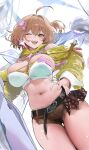  024th 1girl absurdres anis_(nikke) anis_(star)_(nikke) bandeau breasts brown_hair cat_hair_ornament cat_ornament chest_strap cleavage clothing_cutout commentary english_commentary goddess_of_victory:_nikke green_shorts hair_ornament highres idol idol_clothes large_breasts navel official_alternate_costume official_alternate_hairstyle open_mouth plump short_shorts shorts shoulder_cutout shrug_(clothing) side_slit side_slit_shorts smile solo teeth thighs upper_teeth_only white_bandeau yellow_eyes yellow_shrug 