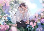  1boy 1girl bare_arms bare_shoulders black_pants blunt_bangs blurry blush brown_hair chinese_commentary choker closed_eyes cloud cloudy_sky commentary_request couple day depth_of_field dress earrings flower flower_earrings front-to-back full_body hetero high_heels holding holding_flower hug hug_from_behind jewelry long_hair long_sleeves love_and_deepspace official_alternate_costume open_clothes open_shirt outdoors pants pearl_body_chain pink_flower pink_tulip protagonist_(love_and_deepspace) shirt shoes sky smile sylus_(love_and_deepspace) sylus_(valleydream_bloom)_(love_and_deepspace) tulip watermark weibo_username weibo_watermark white_choker white_dress white_shirt white_shoes zhishuo418 