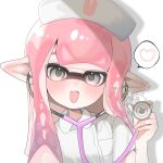  :d blush commentary_request dot_nose fang grey_eyes hat heart highres holding holding_stethoscope inkling inkling_girl inkling_player_character long_hair looking_at_viewer mtmt_mo0 nurse nurse_cap open_mouth pink_hair pointy_ears short_sleeves signature simple_background skin_fang smile splatoon_(series) spoken_heart stethoscope tentacle_hair white_background 