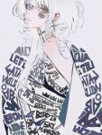  1girl blending body_writing closed_mouth commentary cross cross_earrings earrings english_commentary english_text grey_eyes highres jewelry john_kafka long_hair original simple_background solo upper_body white_background white_hair 