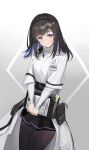  1girl absurdres arknights black_bow black_bowtie black_hair black_hairband black_pantyhose bow bowtie checkered_hairband chinese_commentary clipboard coat colored_inner_hair commentary_request cowboy_shot diamond-shaped_pupils diamond_(shape) fengshengruyu folder gradient_background grey_background hair_intakes hairband high-waist_skirt highres holding holding_clipboard holding_folder id_card lab_coat long_hair looking_at_viewer multicolored_hair open_clothes open_coat pantyhose priestess_(arknights) purple_eyes ribbed_collar ribbed_sweater skirt smile solo sweater symbol-shaped_pupils turtleneck turtleneck_sweater two-tone_bow two-tone_bowtie white_bow white_bowtie white_coat white_sweater 