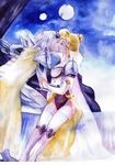  1boy 1girl armor blonde_hair cape cecil_harvey couple eyes_closed female final_fantasy final_fantasy_iv full_moon headband imouto_hitori kiss kissing leotard long_hair male moon night rosa_farrell shoulder_pads silver_hair sitting thighhighs tiara 