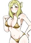  1girl absurdres bikini blonde_hair braid breasts brown_eyes cleavage commentary_request crown_braid gold_bikini gonnu hair_rings highres large_breasts light_blush love_live! love_live!_sunshine!! medium_hair navel ohara_mari smile solo swimsuit white_background 