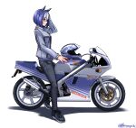  1girl alternate_costume animal_ears black_shoes blue_hair braid cesario_(umamusume) commentary_request crown_braid full_body grey_jacket grey_pants helmet honda honda_nsr250r horse_ears horse_girl jacket looking_ahead missing_tail motor_vehicle motorcycle motorcycle_helmet multicolored_hair on_motorcycle pants partial_commentary purple_eyes shoes short_hair simple_background solo threepitz twitter_username two-tone_hair umamusume unworn_headwear unworn_helmet vehicle_focus white_background white_hair 