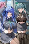  2girls :p absurdres aqua_hair arcana_(fortune_mate)_(nikke) arcana_(nikke) arms_up belt black_belt black_bra black_serafuku black_skirt black_thighhighs blue_bow blunt_bangs blush bow bra breasts brown_hair chalkboard character_name cherry_blossoms clock commentary crop_top crop_top_overhang english_commentary fishnets garter_straps glasses goddess_of_victory:_nikke grey_eyes hair_ornament hand_on_own_hip highres holding_own_hair k_(user_nrtr8253) large_breasts long_hair long_sleeves looking_at_viewer multiple_girls neckerchief on_table open_clothes open_mouth partially_unzipped pencil_skirt pleated_skirt privaty_(nikke) privaty_(sharp_lesson)_(nikke) school_uniform serafuku sitting skirt standing striped_clothes table thighhighs tongue tongue_out twintails underwear very_long_hair wall_clock window 