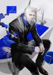  1boy arknights bathtub beard bird_tail black_jacket black_necktie black_pants black_vest blue_shirt brown_shoes closed_mouth collared_shirt commentary facial_hair fish flying_fish foot_out_of_frame head_wings hellagur_(arknights) highres jacket jewelry liduke looking_at_viewer male_focus mature_male medium_hair multiple_rings necktie pants parted_bangs ring shirt shoes simple_background sitting solo spread_legs suit_jacket tail untranslatable_commentary vest waistcoat water watermark weibo_watermark white_background white_eyes white_hair wings 
