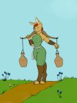  breasts clothing cryphalen(artist) dirt female flower grass hair lagomorph mammal plant rabbit red_hair sash sky solo water_jugs yoke 