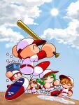  1girl 4boys ball bandaid bandaid_on_cheek bandaid_on_face baseball_(object) baseball_bat baseball_cap baseball_uniform blue_sky box braid brown_hair closed_eyes cloud cloudy_sky commentary_request glasses green_hair hat hayakawa_aoi holding holding_baseball_bat holding_box ikari_mamoru ikari_susumu jikkyou_powerful_pro_yakyuu jikkyou_powerful_pro_yakyuu_(style) long_hair merippe metal_baseball_bat multicolored_hat multicolored_shirt multicolored_shoes multiple_boys no_mouth outdoors power_pro-kun power_pro_appli puddle rayman_limbs red_hat red_shirt red_shoes shirt shirt_under_shirt shoes short_hair single_braid sky smile sportswear sun teruterubouzu two-tone_shoes white_hat white_shirt white_shoes yabe_akio 