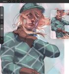  00wormwood 1boy argyle_clothes argyle_sweater bandaid bandaid_on_cheek bandaid_on_face blonde_hair blue_helmet blue_sweater brown_gloves claws closed_mouth cracked_skin diego_brando english_commentary gloves helmet highres jojo_no_kimyou_na_bouken long_sleeves looking_at_viewer male_focus medium_hair solo steel_ball_run sweater turtleneck turtleneck_sweater unfinished yellow_eyes 