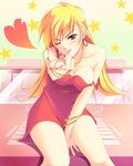  blonde_hair blue_eyes blush breasts cleavage collar dress earrings heart jewelry large_breasts long_hair nail_polish one_eye_closed panty_&amp;_stocking_with_garterbelt panty_(psg) red_dress red_nails see-through_(psg) skirt smile solo yuhji 