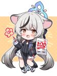  1girl animal_ears black_dress black_streaks blue_archive blue_halo breasts brown_eyes chibi china_dress chinese_clothes clothing_cutout commentary_request diamond_cutout dress grey_hair halo holding holding_paper holding_pencil jacket kokona_(blue_archive) long_hair multicolored_hair open_mouth paper pelvic_curtain pencil small_breasts smile solo standing streaked_hair striped_clothes striped_dress striped_jacket tiger_ears tiger_girl vertical-striped_clothes vertical-striped_dress vertical-striped_jacket very_long_hair yuchiberu 