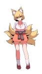  1girl absurdres animal_ears blonde_hair breasts brown_shoes cleavage closed_mouth clothes_around_waist commentary_request crossed_arms fox_ears fox_tail full_body hair_between_eyes hh highres kitsune large_breasts looking_at_viewer miniskirt multiple_tails orange_skirt shirt shoes short_hair short_sleeves simple_background skirt smile socks solo standing tail touhou white_background white_shirt white_socks yakumo_ran yellow_eyes 
