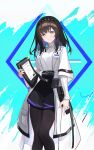  1girl absurdres arknights belt black_hair black_hairband black_pantyhose black_skirt blue_background checkered_hairband chinese_commentary clipboard coat colored_inner_hair commentary diamond-shaped_pupils diamond_(shape) feet_out_of_frame fengshengruyu folder grey_eyes hairband high-waist_skirt highres holding holding_clipboard holding_folder id_card lab_coat looking_at_viewer multicolored_hair pantyhose priestess_(arknights) prts_logo_(arknights) ribbed_collar skirt smile solo sweater symbol-shaped_pupils turtleneck turtleneck_sweater white_coat white_sweater 