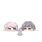  2girls absurdres bang_dream! bang_dream!_it's_mygo!!!!! brown_eyes chihaya_anon chinese_commentary commentary_request flower grey_eyes grey_hair haneoka_school_uniform highres hydrangea jo8blhrvkta6duw long_sleeves multiple_girls pink_hair poking school_uniform simple_background takamatsu_tomori white_background 