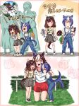  aged_down animal_ears blue_hair blush bow braid brown_hair buena_vista_(umamusume) cesario_(umamusume) commentary_request crown_braid ear_bow gym_uniform hair_between_eyes hairband highres horse_ears horse_girl horse_tail hug multicolored_hair multiple_girls open_mouth purple_eyes shino_(ponjiyuusu) short_hair short_sleeves smile special_week_(umamusume) tail tail_wagging two-tone_hair umamusume umamusume_horse_relations white_hair 
