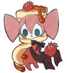  1girl alternate_costume blue_eyes blush blush_stickers bow brown_bow brown_sleeves cape charlotte_(madoka_magica) closed_mouth colinarmis colored_blush commentary creature creature_focus doll english_commentary expressionless eyes_over_blush food food-themed_clothes fruit full_body hair_between_eyes holding holding_food long_sleeves mahou_shoujo_madoka_magica mahou_shoujo_madoka_magica_(anime) maple_syrup no_humans no_pupils oversized_food oversized_object pancake pancake_stack pink_hair simple_background sleeves_past_fingers sleeves_past_wrists solid_oval_eyes solo strawberry syrup white_background witch_(madoka_magica) 