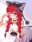  1girl absurdres animal_hat babydoll beads bell blush braid breasts cat_hat cat_tail commentary english_commentary hair_beads hair_between_eyes hair_ornament hat highres knosdeba light_rays long_hair low_twin_braids nanally_(fluffy_flying_tiger)_(neverness_to_everness) nanally_(neverness_to_everness) neck_bell neck_ribbon neverness_to_everness off_shoulder official_alternate_costume one_eye_closed paw_hair_ornament red_eyes red_hair ribbon rubbing_eyes small_breasts solo sunbeam sunlight tail twin_braids waking_up white_babydoll 