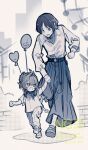  2boys aged_down arm_up arms_at_sides backpack bag balloon belt blunt_ends child clenched_hand crossed_bangs dragon_boy dragon_horns dragon_tail durin_(genshin_impact) fang ferris_wheel genshin_impact greyscale hair_between_eyes hakama hakama_pants hand_up head_down heart_balloon highres holding_hands horns inui_shiro japanese_clothes layered_shirt long_sleeves looking_at_another looking_to_the_side lower_teeth_only monochrome multiple_boys open_mouth outdoors pants parted_bangs pleated_pants sandals scaramouche_(genshin_impact) shirt shoes short_sleeves size_difference sweatdrop tail teeth twitter_username undershirt wanderer_(genshin_impact) wanderer_(impression)_(genshin_impact) watermark 