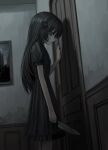  1girl black_dress black_flower black_hair black_nails black_rose blood blood_on_knife blue_eyes dress flower hair_flower hair_ornament highres holding holding_knife indoors knife long_hair looking_down original painting_(object) rose sakiika0513 short_sleeves solo 