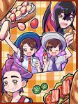  2boys 2girls bacon black_hair blue_hat brother_and_sister brown_eyes brown_hair carmine_(pokemon) commentary_request eating florian_(pokemon) food fruit hat highres juliana_(pokemon) ketchup kieran_(pokemon) lettuce long_hair mayonnaise meeee_hitsuji melon multiple_boys multiple_girls naranja_academy_school_uniform necktie one_eye_closed orange_eyes orange_necktie pickle plaid_background pokemon pokemon_scarlet_and_violet purple_hair purple_necktie sandwiched school_uniform short_sleeves siblings strawberry summer_uniform tank_top tomato upper_body uva_academy_school_uniform whipped_cream white_hat 