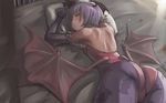  animal_print ass back backless_outfit bare_back bat_print bed blush demon_girl head_wings leotard lilith_aensland looking_back low_wings lying on_stomach pantyhose pillow pink_eyes print_legwear purple_hair red_leotard short_hair shoulder_blades solo succubus sweat tea_(nakenashi) vampire_(game) wings 