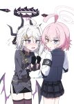  2girls absurdres ahoge armband black_armband black_gloves black_halo black_horns blue_archive commentary_request demon_girl demon_horns demon_wings elbow_pads flying_sweatdrops gloves hair_ornament hairclip halo heterochromia highres hina_(blue_archive) horns hoshino_(blue_archive) hoshino_(first_year)_(blue_archive) huge_ahoge kiroshi korean_commentary long_sleeves low_wings multiple_girls multiple_horns pink_hair pink_halo plaid_clothes plaid_skirt pleated_skirt purple_eyes purple_halo purple_wings simple_background skirt white_background white_hair wings 