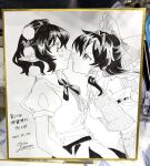  2girls absurdres ascot blush bow breasts closed_mouth commentary_request dated detached_sleeves eye_contact frilled_bow frilled_hair_tubes frills hair_bow hair_tubes hakurei_reimu hat highres long_hair looking_at_another medium_breasts multiple_girls open_mouth photo_(medium) pointy_ears pom_pom_(clothes) puffy_short_sleeves puffy_sleeves ribbon-trimmed_sleeves ribbon_trim shameimaru_aya shikishi short_sleeves signature skirt tokin_hat touhou traditional_media translation_request uehara_suiyo 