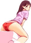  anegasaki_nene ass bad_id bad_pixiv_id between_legs blush brown_hair buruma hand_between_legs legs long_hair looking_back love_plus purple_eyes simple_background sitting solo xyh 