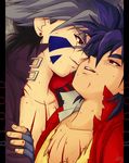  2boys beyblade blue_eyes character_request fingerless_gloves gloves grey_hair hiwatari_kai injury male male_focus multicolored_hair multiple_boys open_clothes open_shirt red_eyes red_shirt shirt torn_clothes two-tone_hair tyson_granger yaoi 